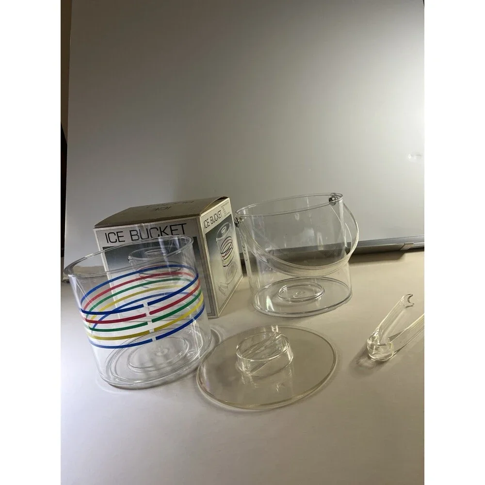 Acrylic IceBucket with Rainbow Stripes Mid-CenturyModern Barware, Box 1980’s VTG
